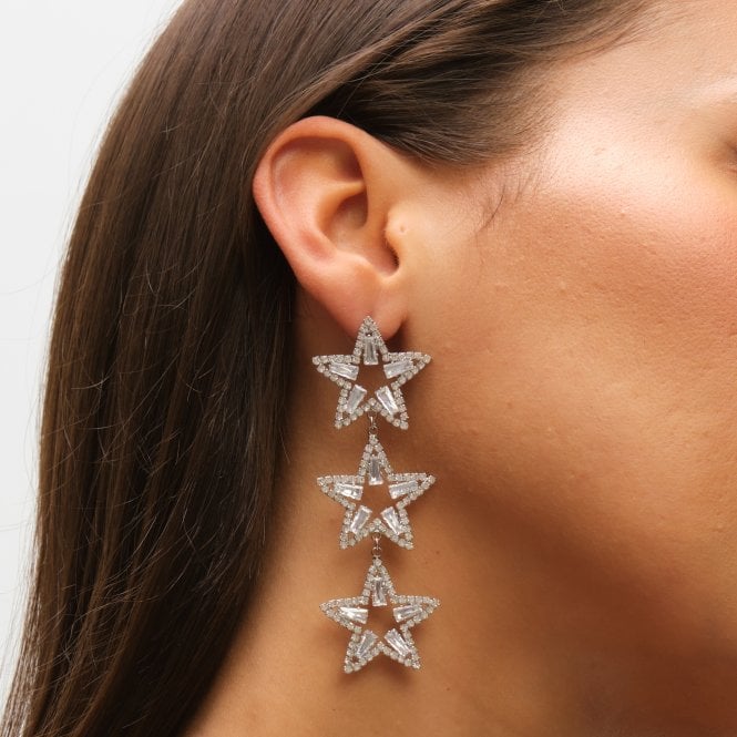 Jon Richard MOOD Silver Crystal Triple Star Statement Drop Earrings