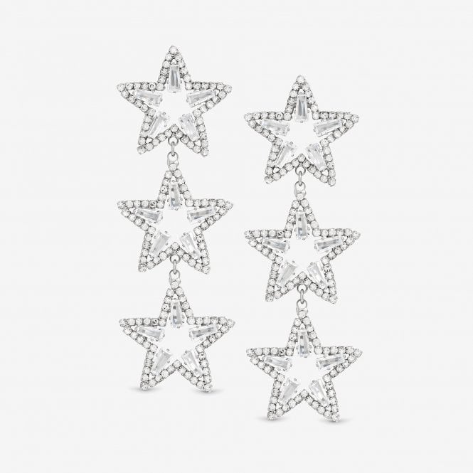 jon richard MOOD Silver Crystal Triple Star Statement Drop Earrings