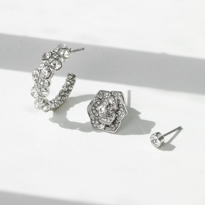 Jon Richard MOOD Silver Floral Crystal Stud & Hoop Earrings - Pack Of 3