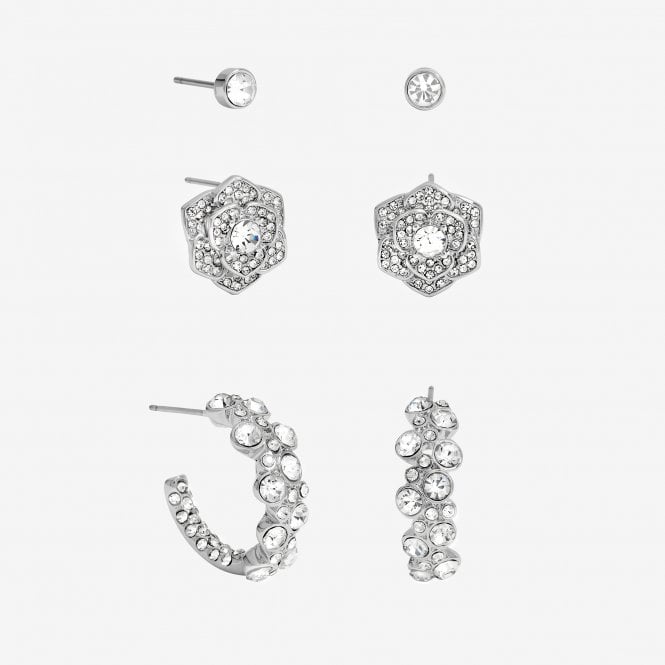 jon richard MOOD Silver Floral Crystal Stud & Hoop Earrings - Pack of 3
