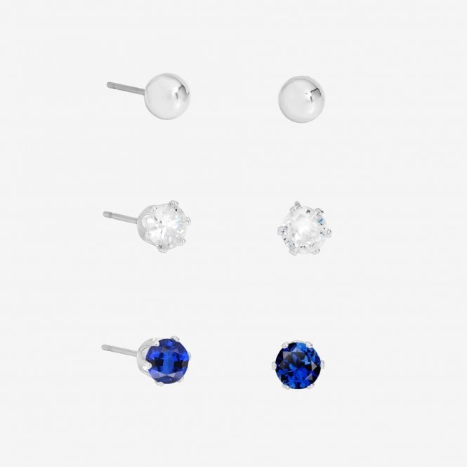 jon richard MOOD Silver Polished Crystal & Blue Stud Earrings - Pack of 3