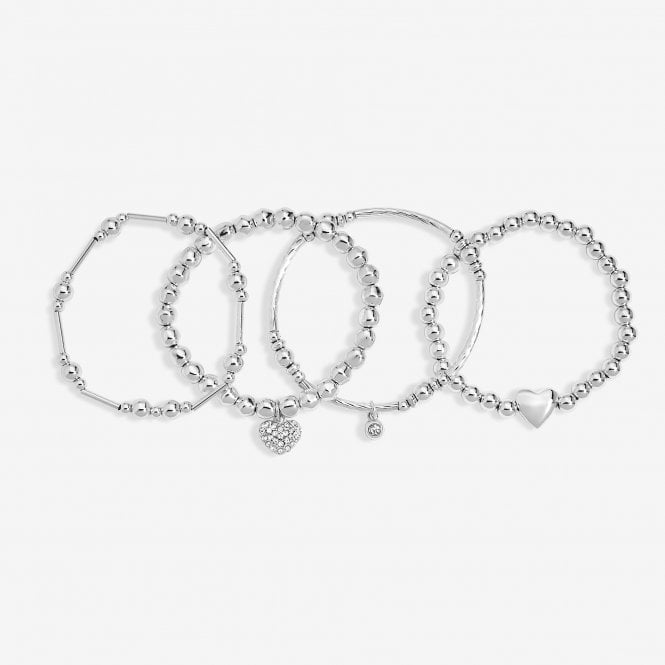 jon richard MOOD Silver Polished & Crystal Heart Multipack Stretch Bracelets - Pack of 4