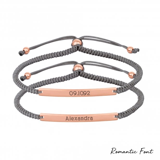 Jon Richard Simply Silver 14ct Rose Gold Plated Sterling Silver 925 Bar On A Grey Cord Toggle Bracelet - Personalise By Engraving