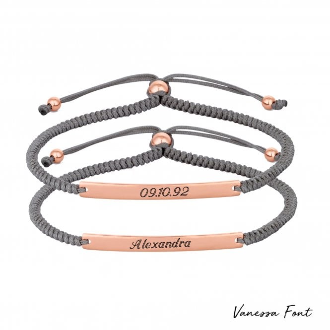 Jon Richard Simply Silver 14ct Rose Gold Plated Sterling Silver 925 Bar On A Grey Cord Toggle Bracelet - Personalise By Engraving