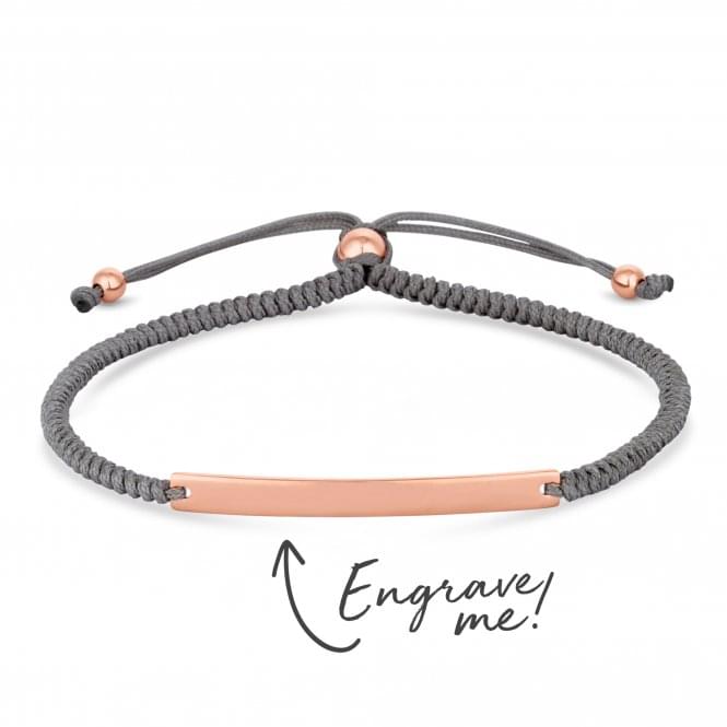 jon richard Simply Silver 14ct Rose Gold Plated Sterling Silver 925 Bar On A Grey Cord Toggle Bracelet - Personalise By Engraving