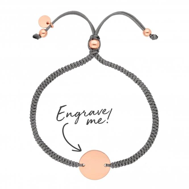 jon richard Simply Silver 14ct Rose Gold Plated Sterling Silver 925 Disc On A Grey Cord Toggle Bracelet - Personalise By Engraving