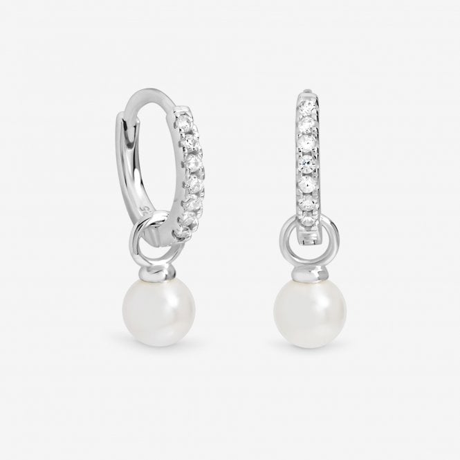 jon richard Simply Silver Sterling Silver 925 Cubic Zirconia Pave Pearl Hoop Earrings