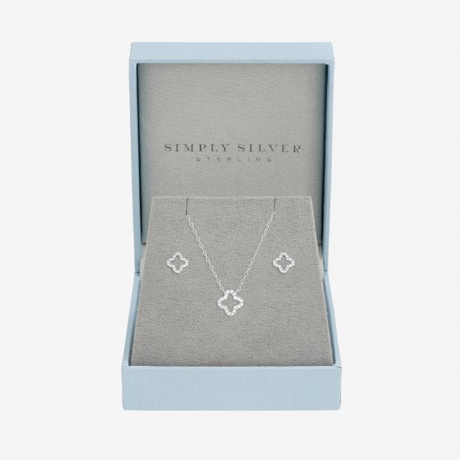 jon richard Simply Silver Sterling Silver 925 Cubic Zirconia Pave Open Clover Set - Gift Box