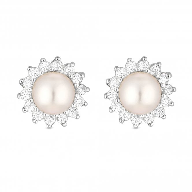 jon richard Simply Silver Sterling Silver 925 Freshwater Pearl And Cubic Zirconia Halo Stud Earrings