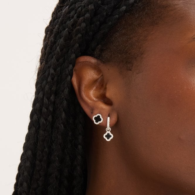 Jon Richard Simply Silver Sterling Silver 925 Pave And Jet Clover Charm Huggie Hoop Earrings