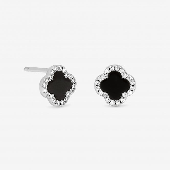 jon richard Simply Silver Sterling Silver 925 Pave and Jet Clover Stud Earrings