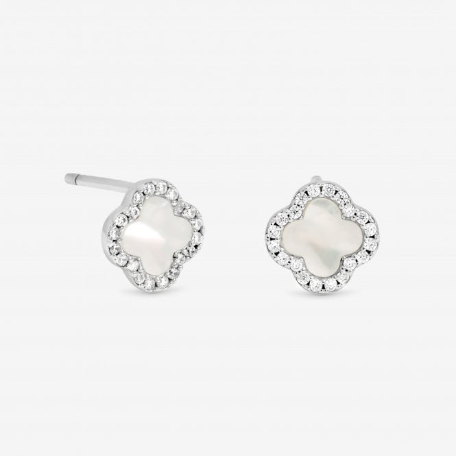 jon richard Simply Silver Sterling Silver 925 Pave Mother of Pearl Clover Stud Earrings