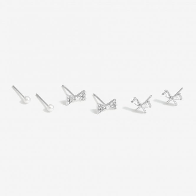 jon richard Simply Silver Sterling Silver 925 Pearl and Cubic Zirconia Bow Stud Earring - Pack of 3