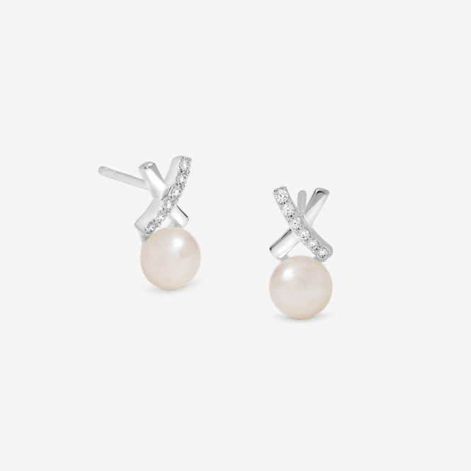 jon richard Simply Silver Sterling Silver 925 Polished and Pave Kiss Pearl Stud Earrings