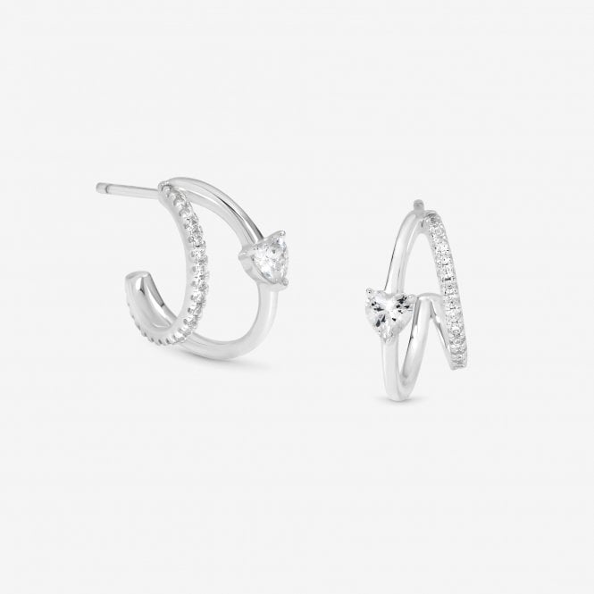 jon richard Simply Silver Sterling Silver 925 Polished and Pave Double Row Heart Hoop Earrings