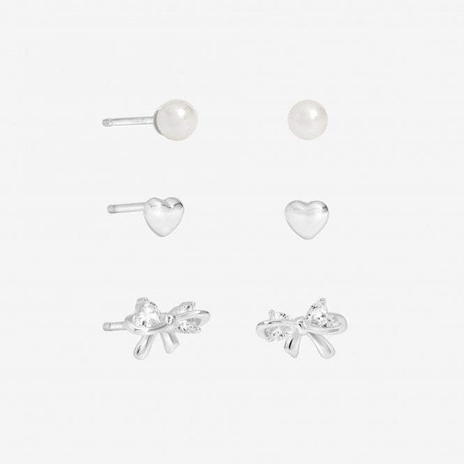 jon richard Simply Silver Sterling Silver 925 Polished and Pearl Bow Earrings - Pack of 3