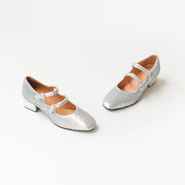 jonak Babies with double buckles and heel in silver sequins DOMI