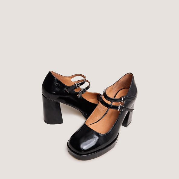 Jonak Babies With Double Straps And Platform In Black Pleated Patent VERITE
