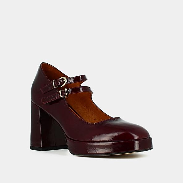 Jonak Babies With Double Straps And Platforms In Burgundy Pleated Patent VERITE