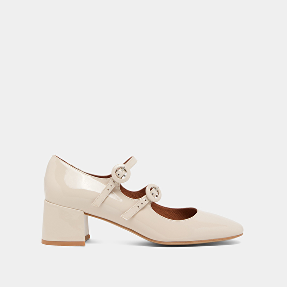 Jonak Babies With Double Straps And Rounded Toes In Ecru Patent DELOU