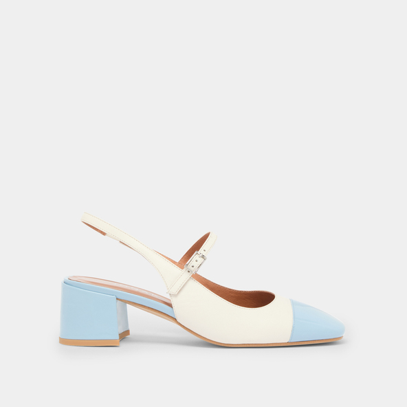 Jonak Babies With Heels And Open Backs In Sky-blue Patent And Ecru Leather DOUMY