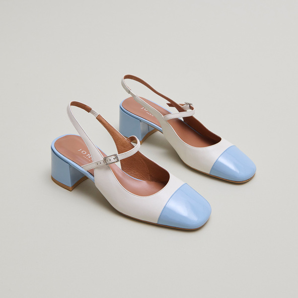 Jonak Babies With Heels And Open Backs In Sky-blue Patent And Ecru Leather DOUMY