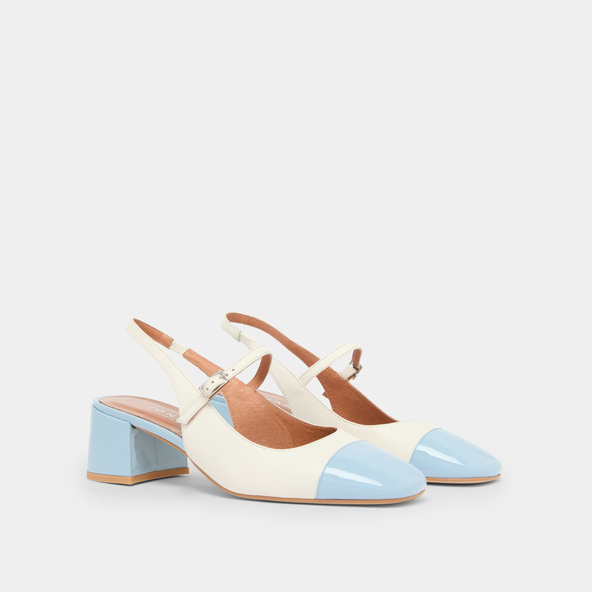 Jonak Babies With Heels And Open Backs In Sky-blue Patent And Ecru Leather DOUMY