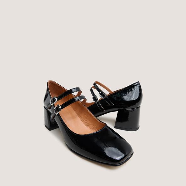 jonak Babies with mid-heels and buckle straps in black pleated patent ALIENAR