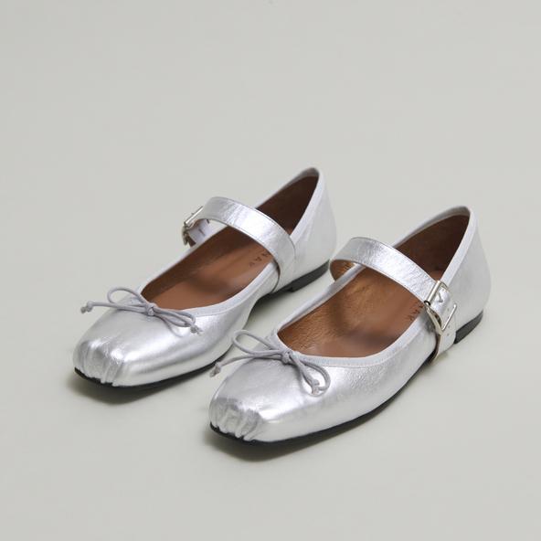 Jonak Ballet Flats With Adjustable Buckles In Silver Metallic Leather DOMINANTE