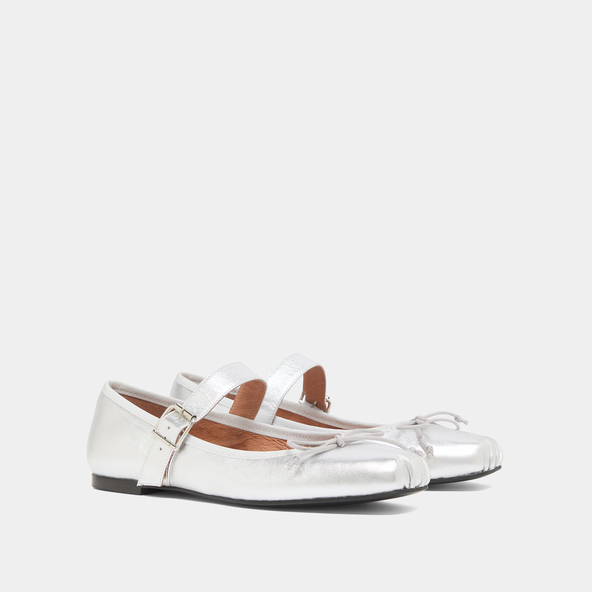 Jonak Ballet Flats With Adjustable Buckles In Silver Metallic Leather DOMINANTE