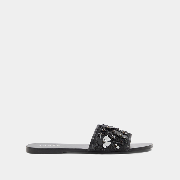 Jonak Beach Sandals With Flowers In Black Leather And Black Textile SUN