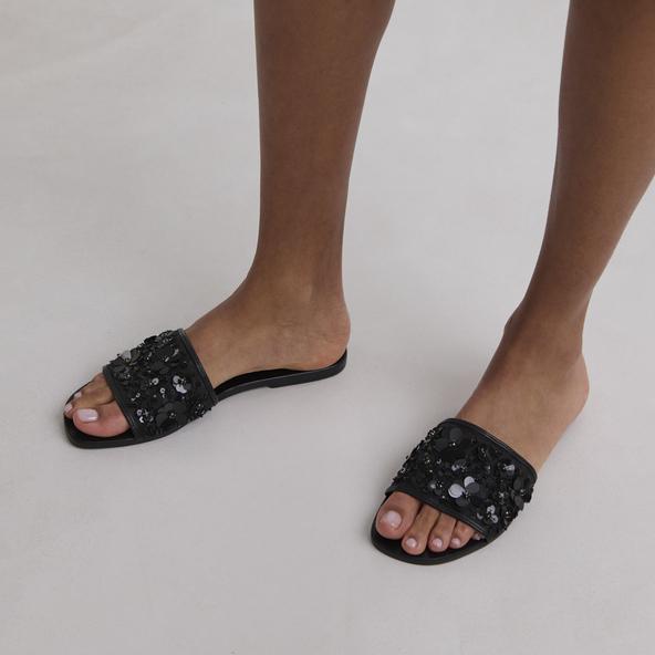 Jonak Beach Sandals With Flowers In Black Leather And Black Textile SUN