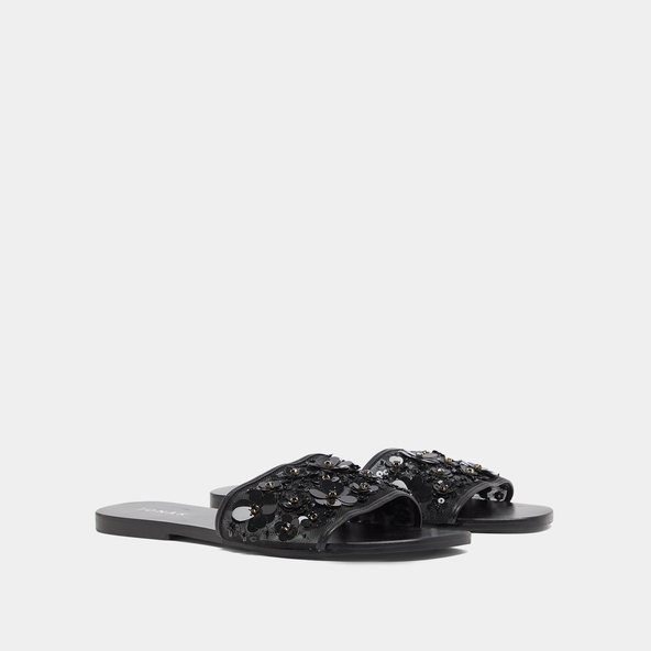 Jonak Beach Sandals With Flowers In Black Leather And Black Textile SUN
