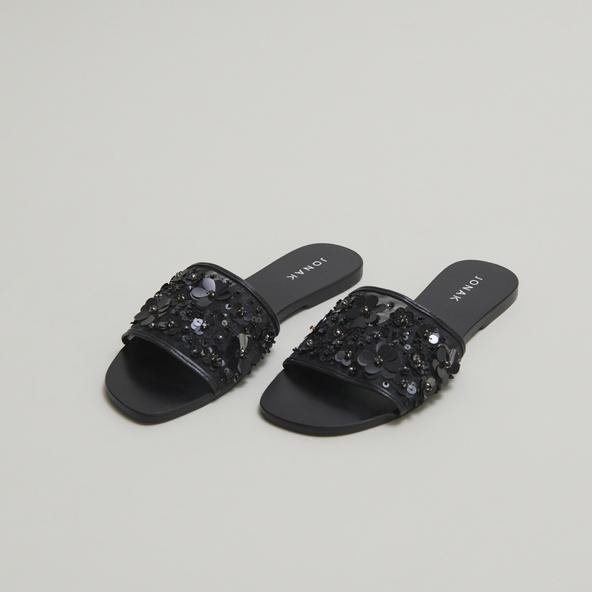jonak Beach sandals with flowers in black leather and black textile SUN