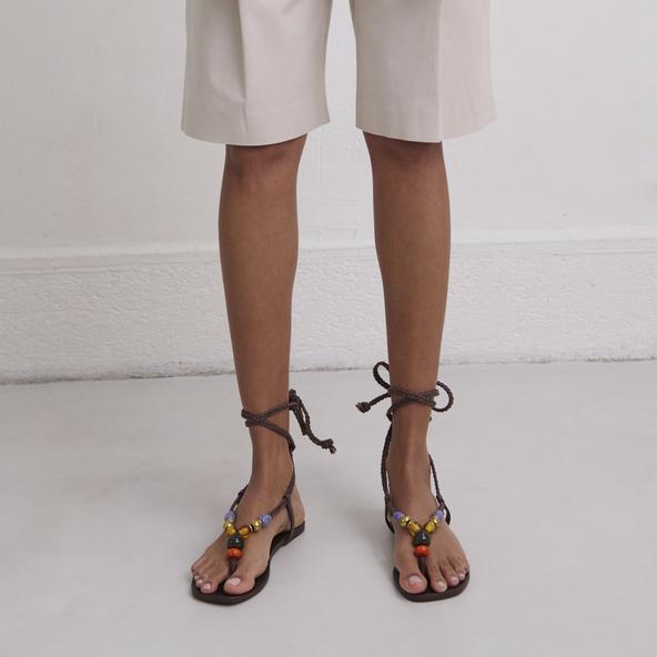 Jonak Beach Sandals With Laces In Dark Brown Leather And Rope SIENNA