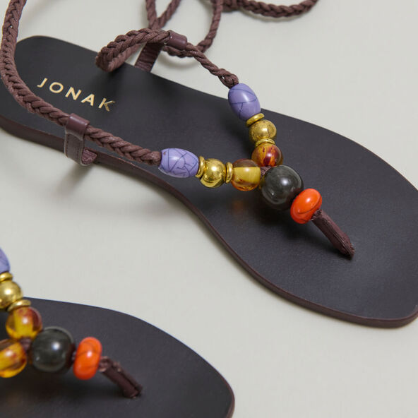 Jonak Beach Sandals With Laces In Dark Brown Leather And Rope SIENNA