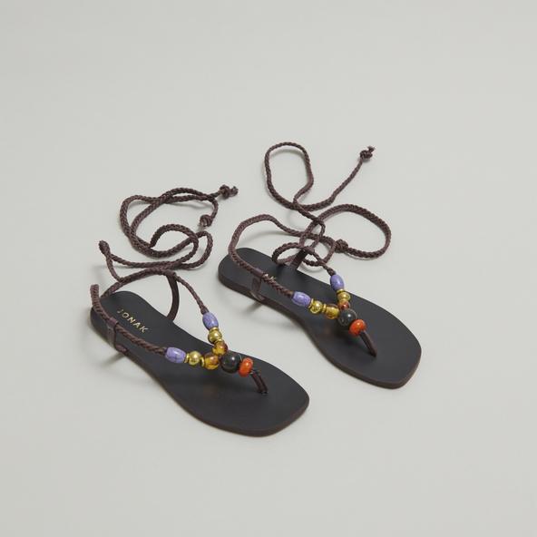 jonak Beach sandals with laces in dark brown leather and rope SIENNA