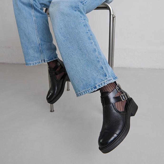Jonak Boots Ouvertes à Boucles In Black Grained Leather And Black Leather REBUILD