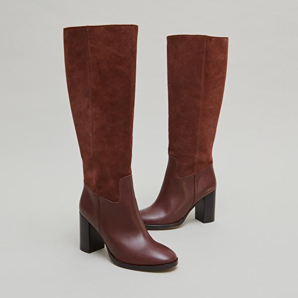 jonak Bottes à talons in cognac leather and suede DOWN