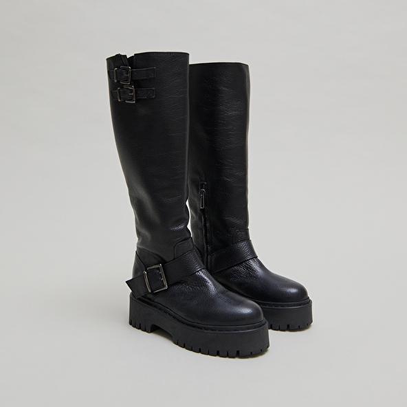 jonak Chunky Strap Boots with Treaded Soles in black grained leather REINE