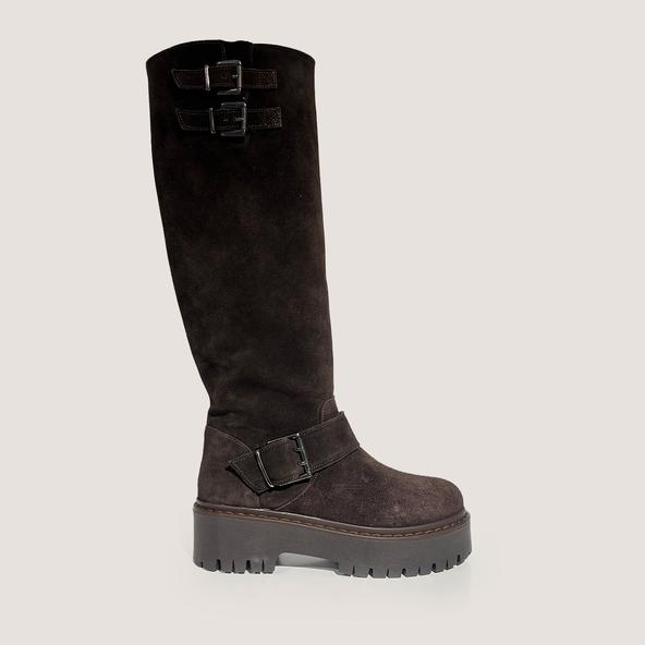 jonak Chunky Strap Boots with Treaded Soles in dark brown split leather REINE