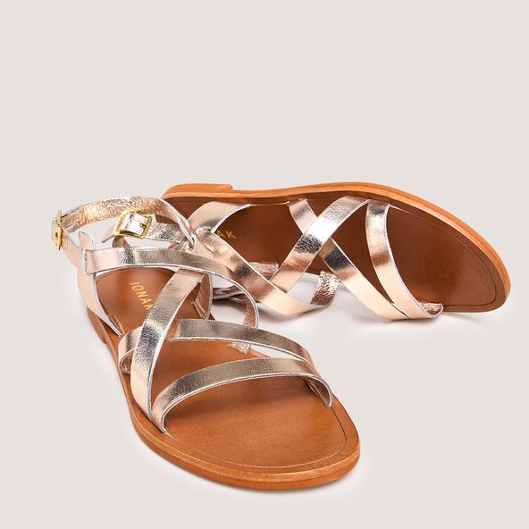 Jonak Cross-strap Plagettes In Platinum And Cognac Metallic Leather WISCHIA