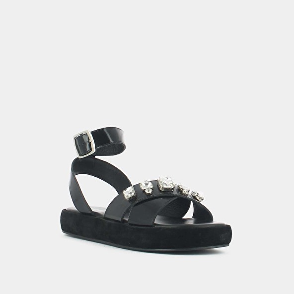 Jonak Cross-strap Sandals With Rhinestones In Black Glazed Leather WORLD