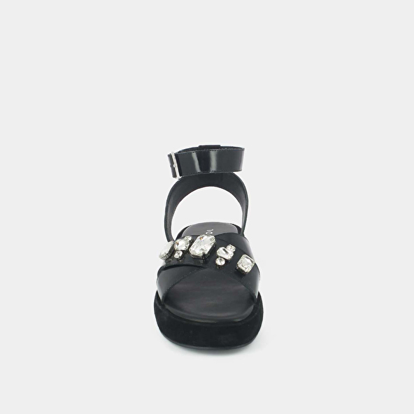 Jonak Cross-strap Sandals With Rhinestones In Black Glazed Leather WORLD