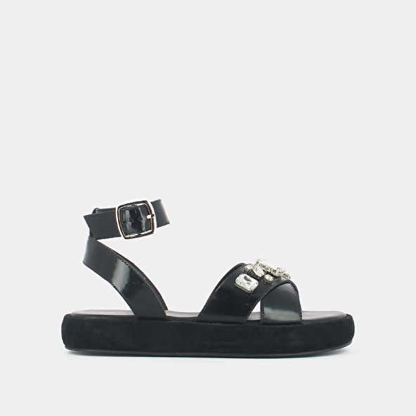 jonak Cross-strap sandals with rhinestones in black glazed leather WORLD