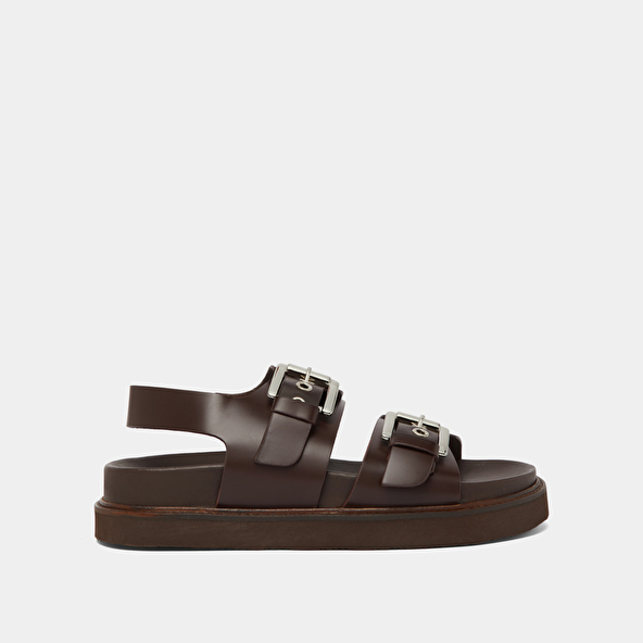 Jonak Double Buckle Sandals In Dark Brown Glazed Leather LAGO