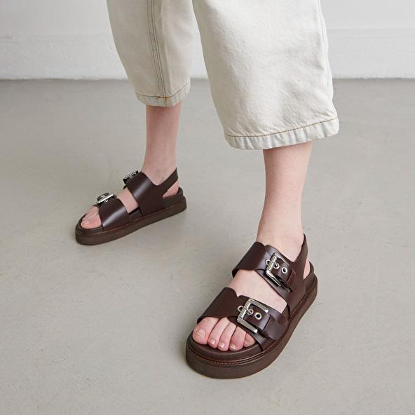 Jonak Double Buckle Sandals In Dark Brown Glazed Leather LAGO