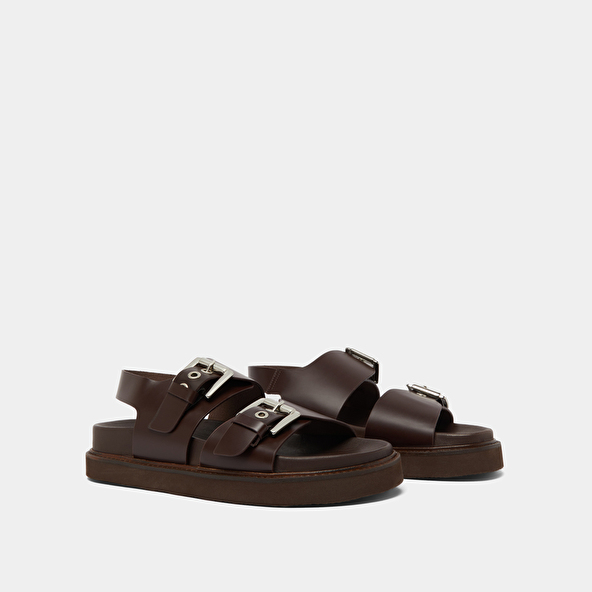 Jonak Double Buckle Sandals In Dark Brown Glazed Leather LAGO