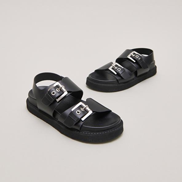jonak Double buckle sandals in glazed black leather LAGO