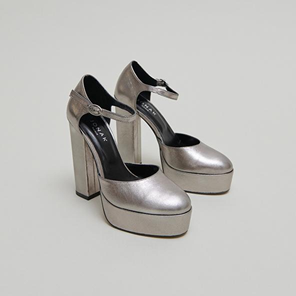 jonak Heeled Mary Jane and platforms in silver leather VANCOUVER